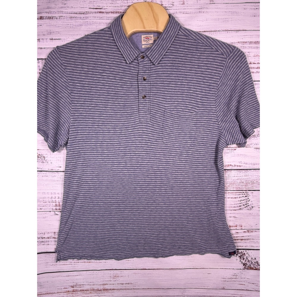 Faherty Polo Shirt Mens XL Blue White Striped Organic Cotton Chest Pocket Short